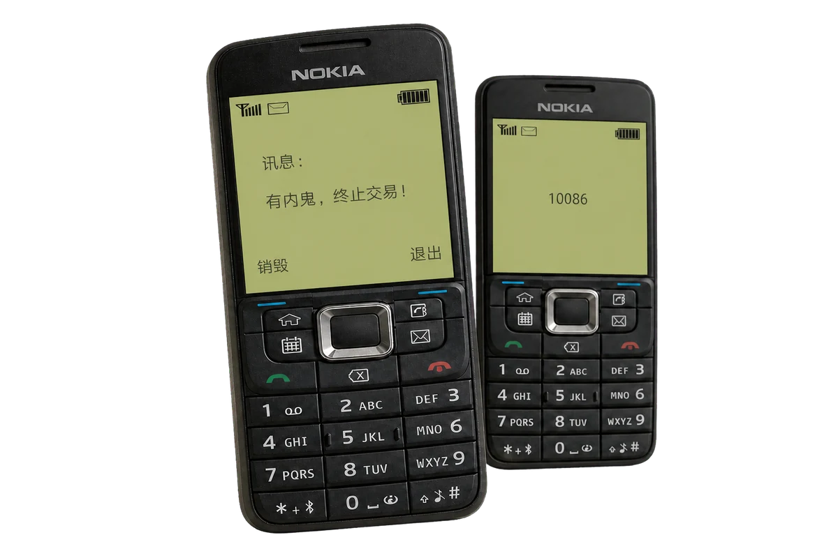 MyNokia 双状态展示：前景为短信提示界面，后方为号码输入界面