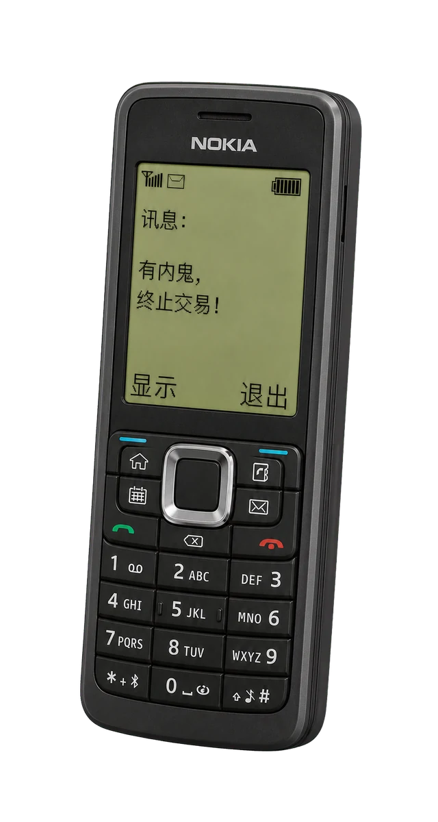 MyNokia 经典功能机界面：轻微倾斜、正面朝左的深色机身与绿色单色屏
